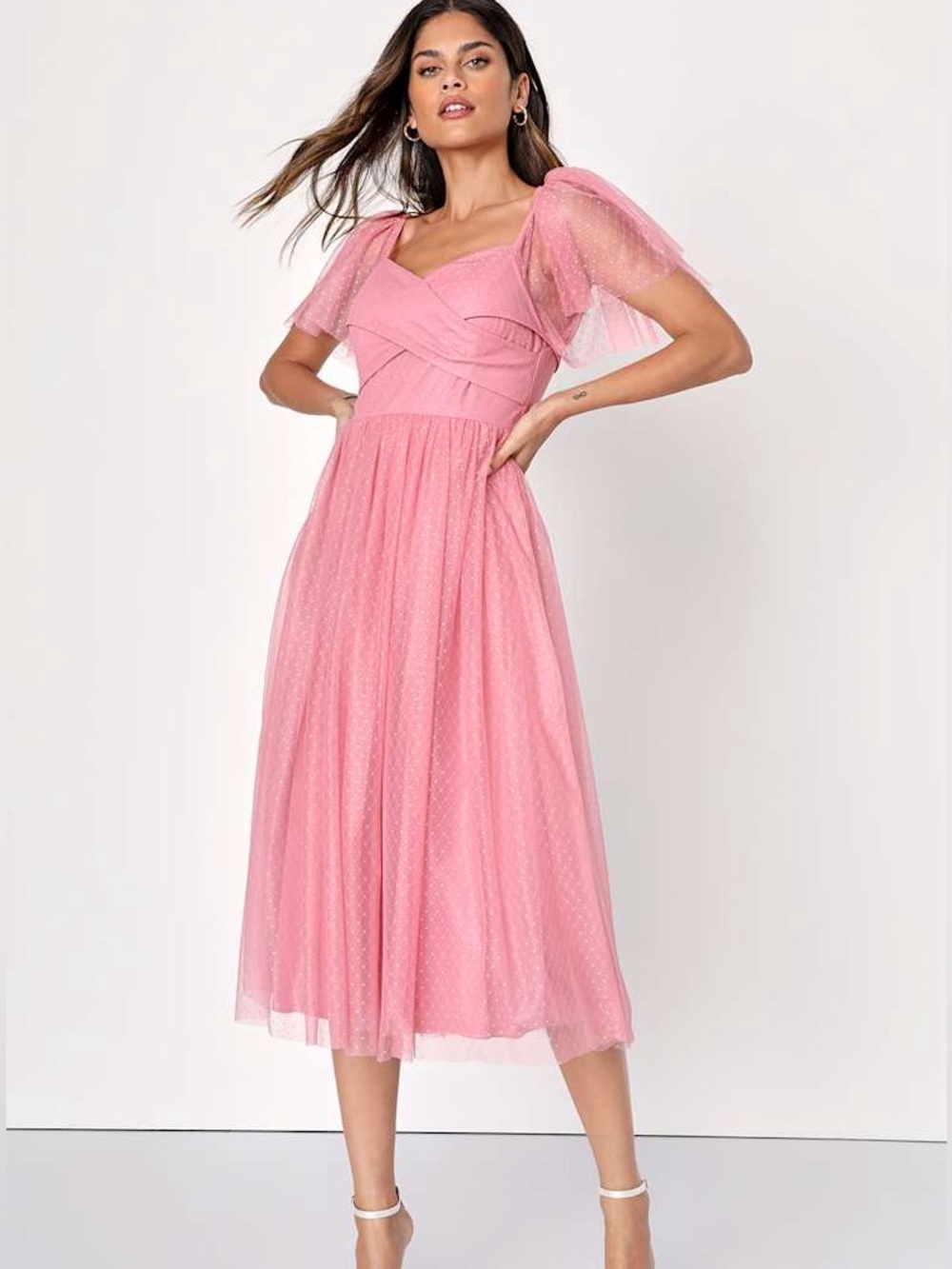 NWT Lulus Adorable Confidence Rose Pink Mesh Swiss Dot Midi Dress